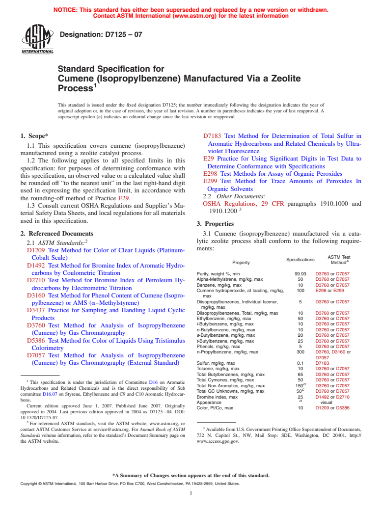 ASTM D7125-07 - Standard Specification for Cumene (Isopropylbenzene) Manufactured Via a Zeolite Process