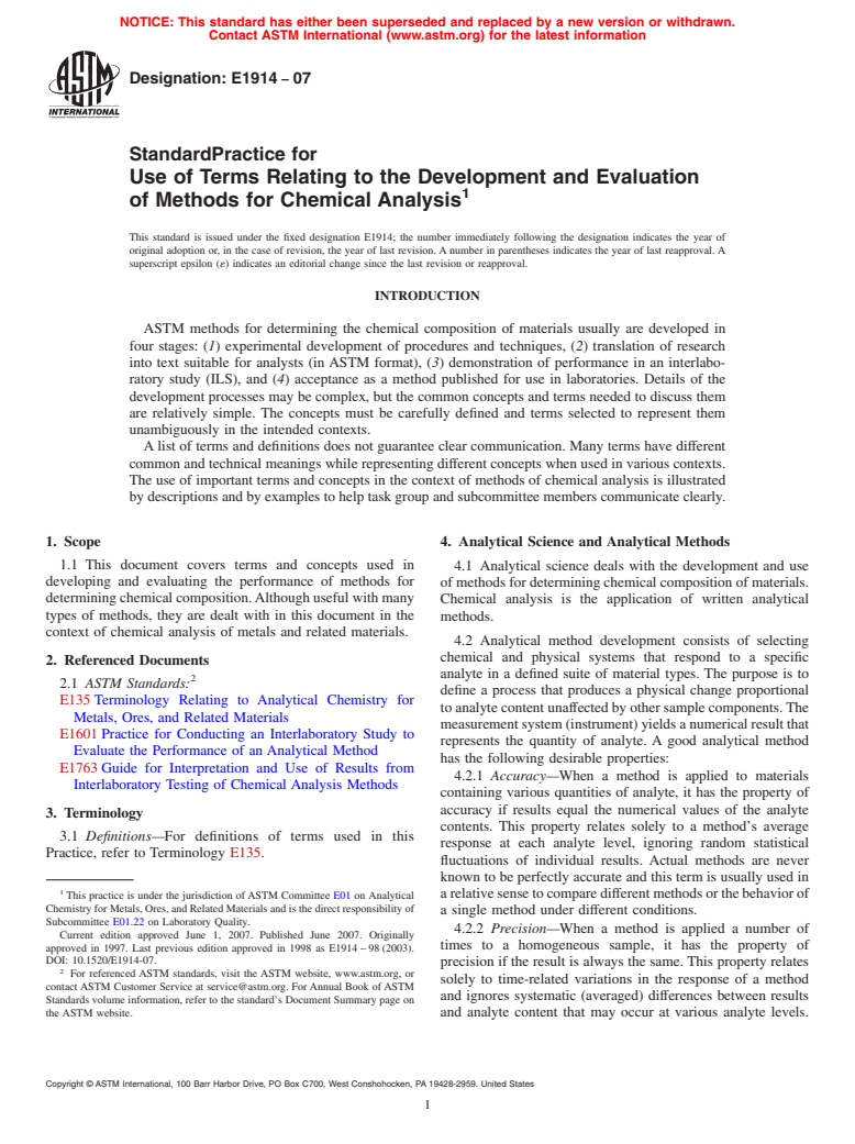 ASTM E1914-07 - Standard Practice for Use of Terms Relating to the Development and Evaluation of Methods for Chemical Analysis (Withdrawn 2016)