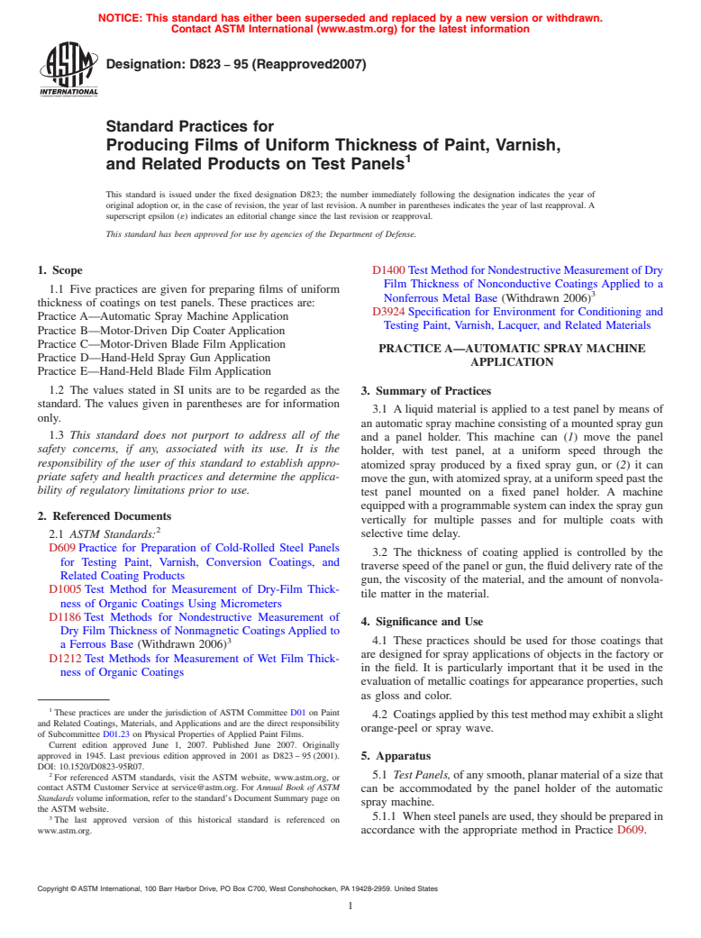 ASTM D823-95(2007) - Standard Practices for Producing Films of Uniform Thickness of Paint, Varnish, and Related Products on Test Panels