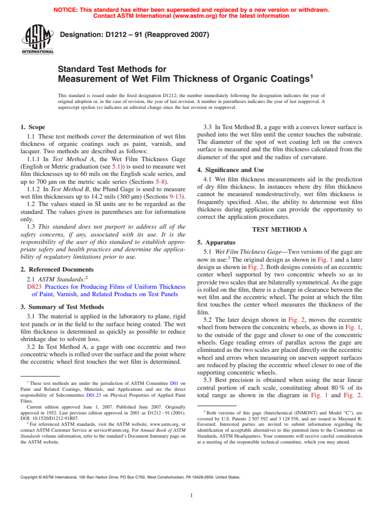 ASTM D1212-91(2007) - Standard Test Methods for Measurement of Wet Film Thickness of Organic Coatings