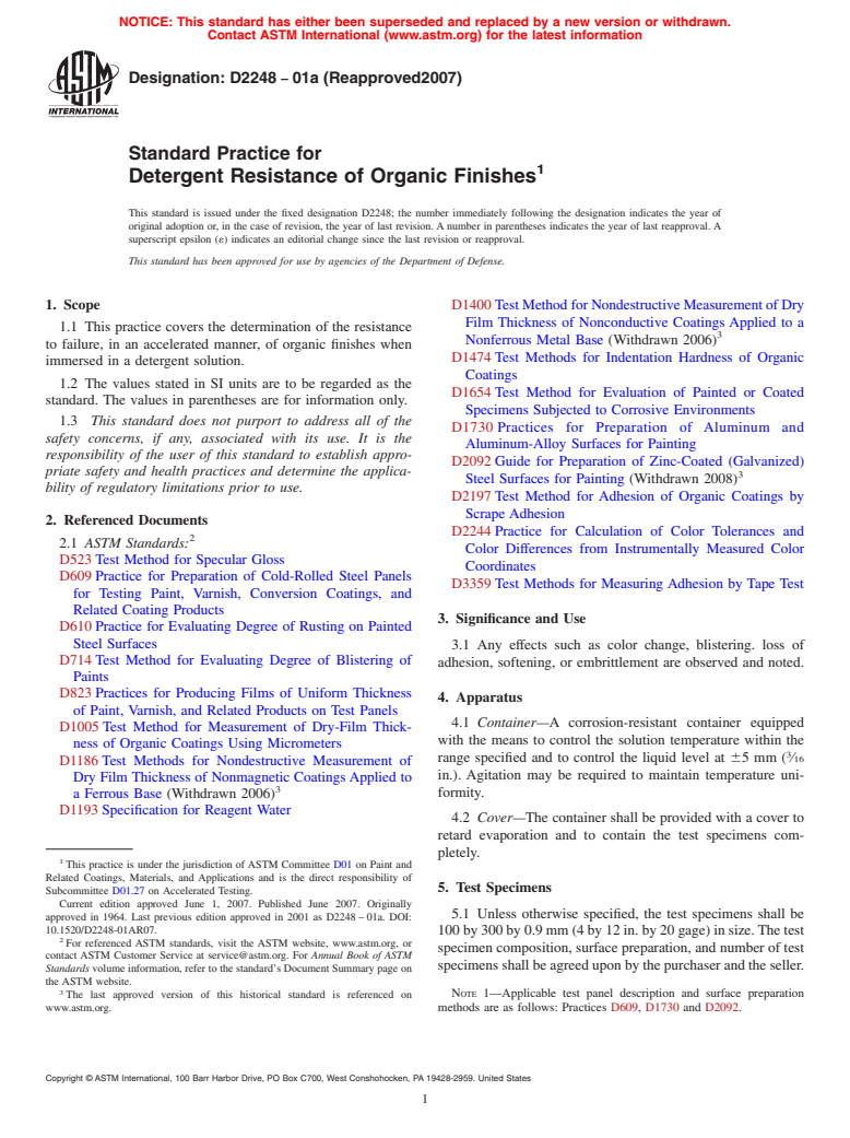 ASTM D2248-01a(2007) - Standard Practice for Detergent Resistance of Organic Finishes