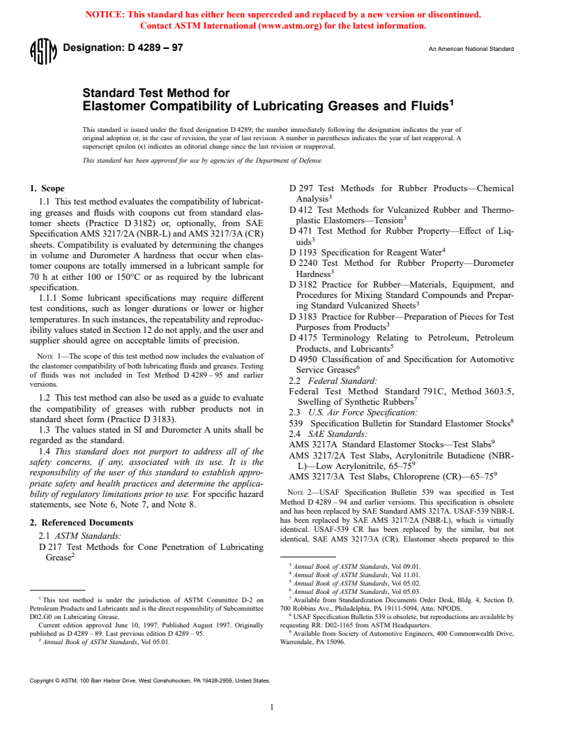 ASTM D4289-97 - Standard Test Method for Elastomer Compatibility of Lubricating Greases and Fluids