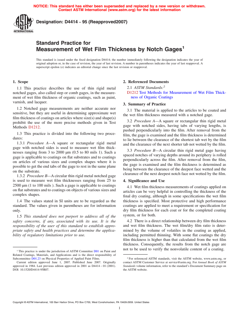 ASTM D4414-95(2007) - Standard Practice for Measurement of Wet Film Thickness by Notch Gages