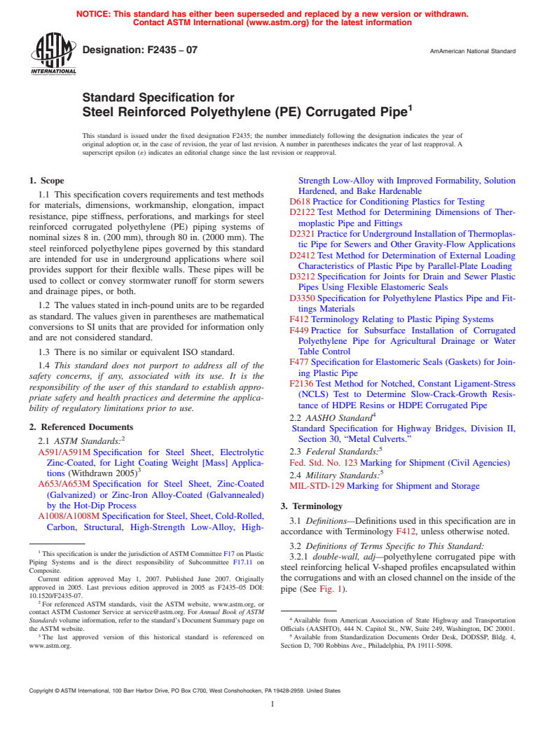 ASTM F2435-07 - Standard Specification for Steel Reinforced Polyethylene (PE) Corrugated Pipe