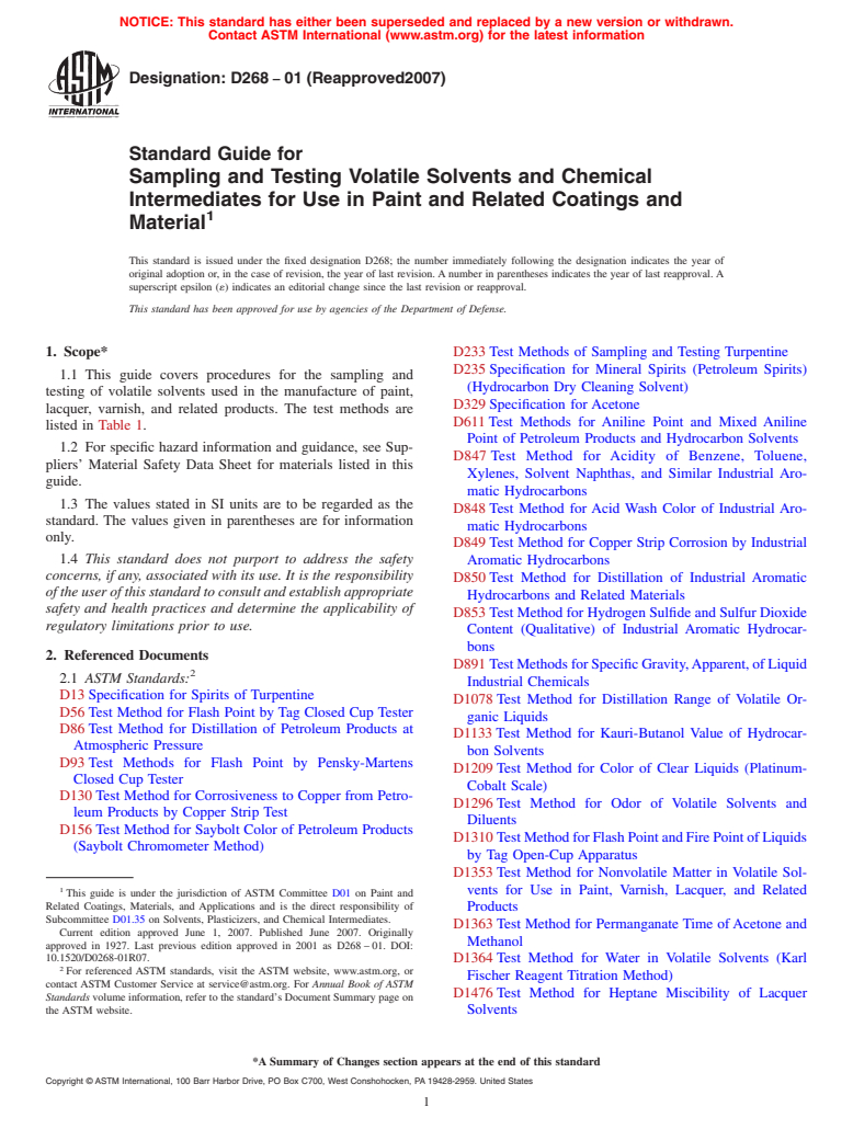 ASTM D268-01(2007) - Standard Guide for Sampling and Testing Volatile Solvents and Chemical Intermediates for Use in Paint and Related Coatings and Material