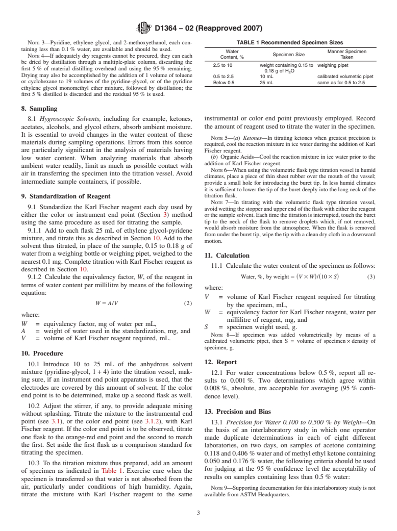 ASTM D1364-02(2007) - Standard Test Method for Water in Volatile Solvents (Karl Fischer Reagent Titration Method)