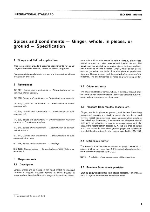ISO 1003:1980 - Spices and condiments -- Ginger, whole, in pieces, or ground -- Specification