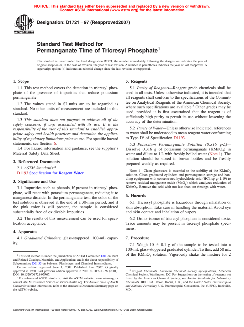 ASTM D1721-97(2007) - Standard Test Method for Permanganate Time of Tricresyl Phosphate (Withdrawn 2012)