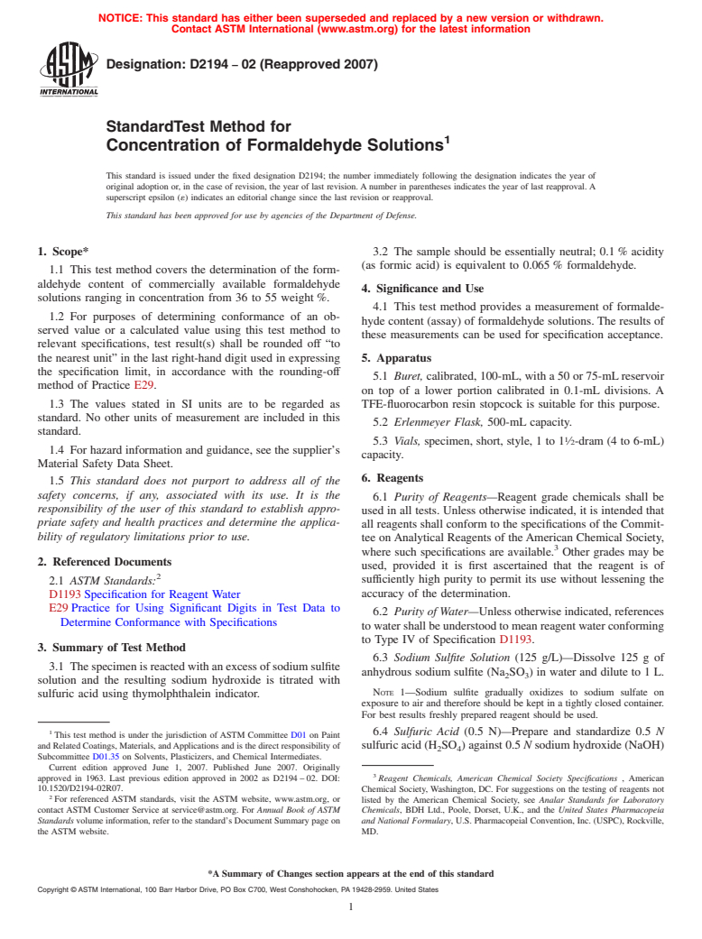 ASTM D2194-02(2007) - Standard Test Method for Concentration of Formaldehyde Solutions