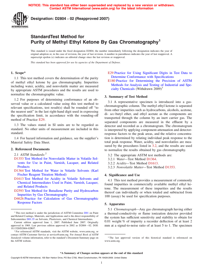 ASTM D2804-02(2007) - Standard Test Method for Purity of Methyl Ethyl Ketone By Gas Chromatography