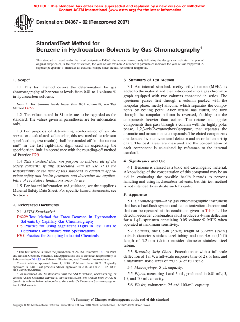 ASTM D4367-02(2007) - Standard Test Method for Benzene in Hydrocarbon Solvents by Gas Chromatography