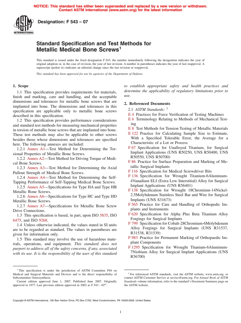 ASTM F543-07 - Standard Specification and Test Methods for Metallic Medical Bone Screws