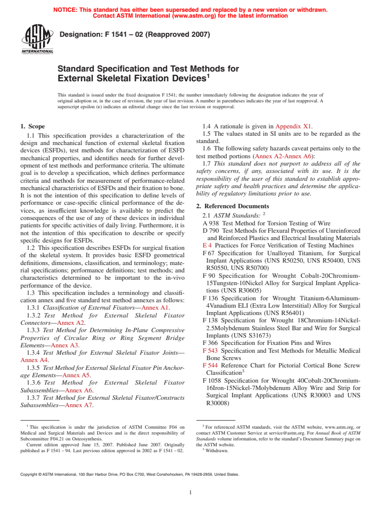 ASTM F1541-02(2007) - Standard Specification and Test Methods for External Skeletal Fixation Devices