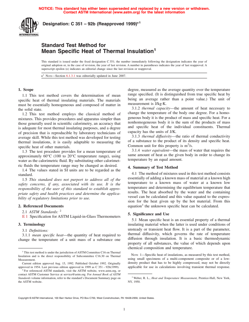 ASTM C351-92b(1999)e1 - Standard Test Method for Mean Specific Heat of Thermal Insulation (Withdrawn 2008)