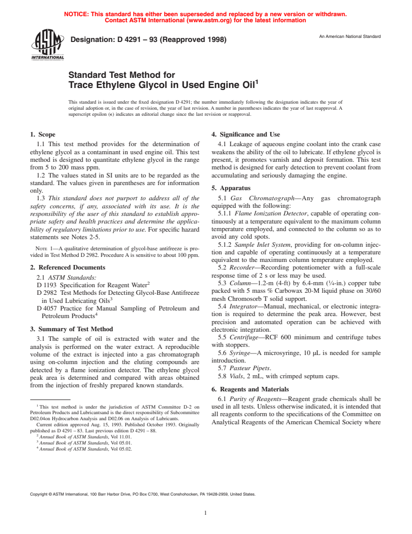 ASTM D4291-93(1998) - Standard Test Method for Trace Ethylene Glycol in Used Engine Oil