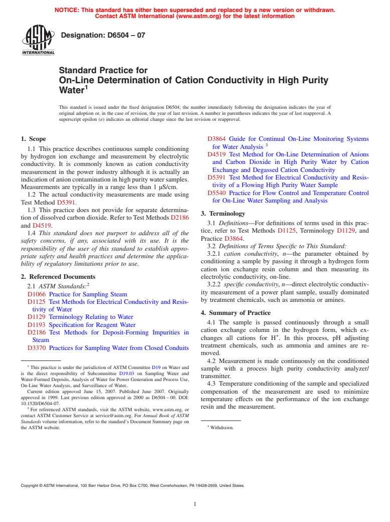 ASTM D6504-07 - Standard Practice for On-Line Determination of Cation Conductivity in High Purity Water