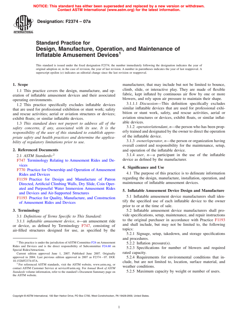 ASTM F2374-07a - Standard Practice for Design, Manufacture, Operation, and Maintenance of Inflatable Amusement Devices