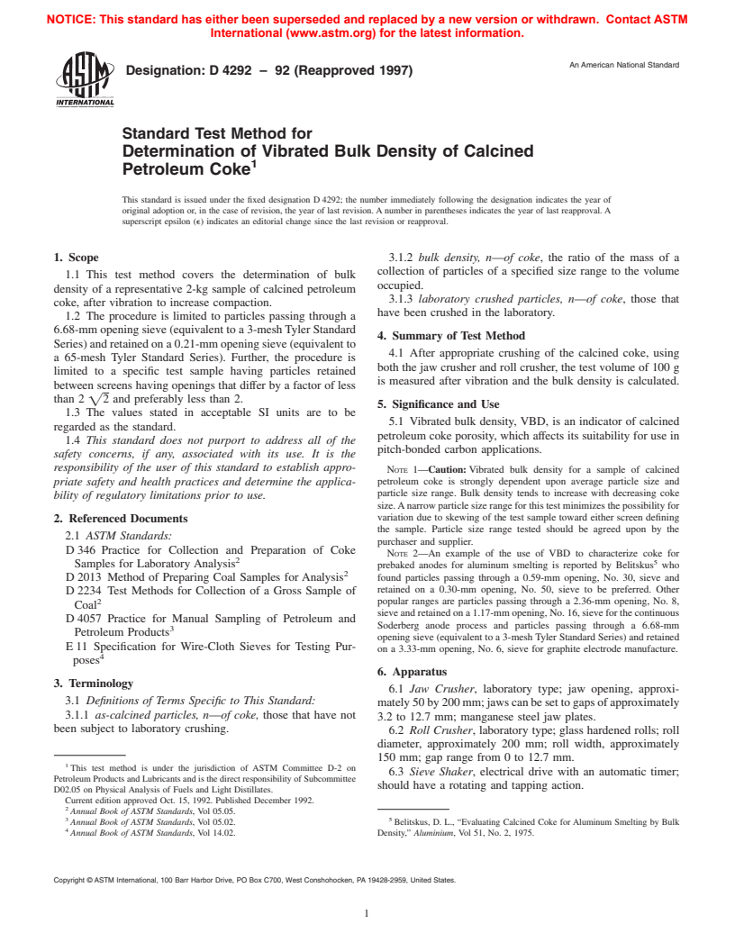 ASTM D4292-92(1997) - Standard Test Method for Determination of Vibrated Bulk Density of Calcined Petroleum Coke