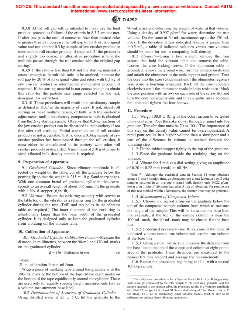 ASTM D4292-92(1997) - Standard Test Method for Determination of Vibrated Bulk Density of Calcined Petroleum Coke