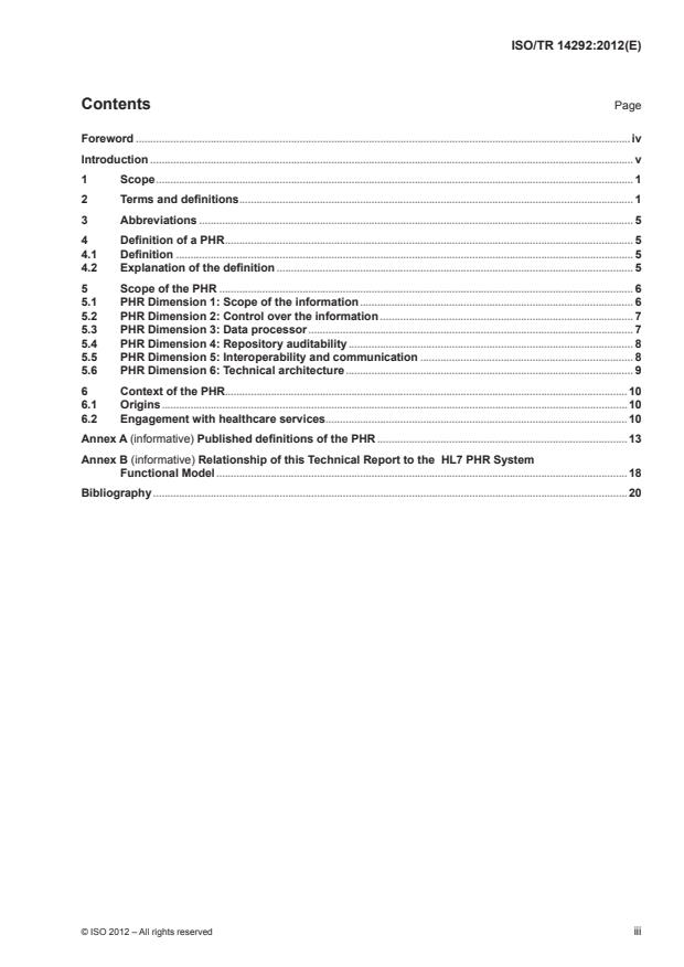 ISO/TR 14292:2012 - Health informatics -- Personal health records -- Definition, scope and context