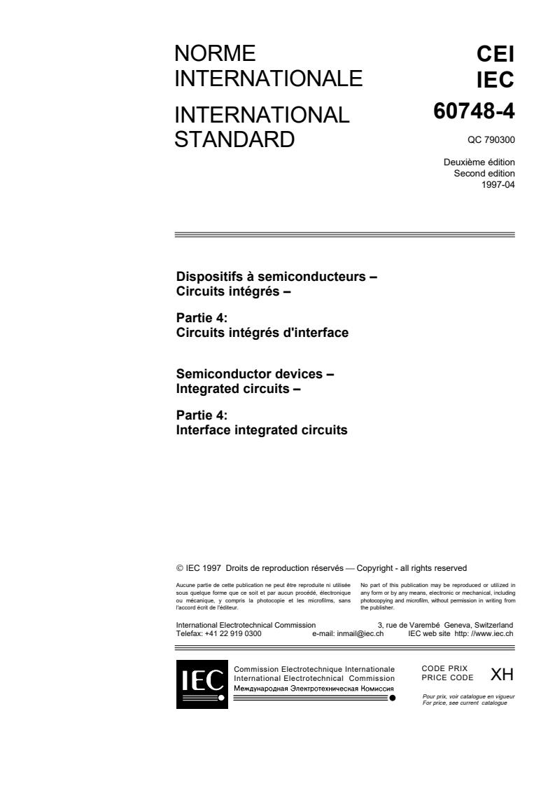 IEC 60748-4:1997 - Semiconductor devices - Integrated circuits - Part 4: Interface integrated circuits
