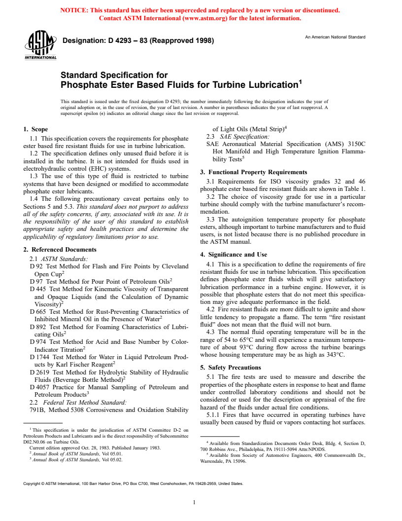 ASTM D4293-83(1998) - Standard Specification for Phosphate Ester Based Fluids for Turbine Lubrication