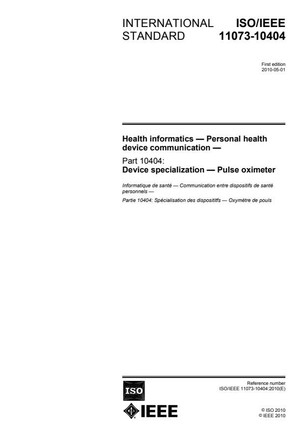 ISO/IEEE 11073-10404:2010 - Health informatics -- Personal health device communication