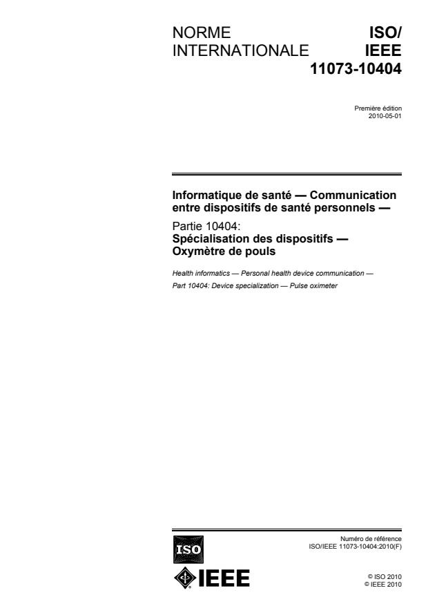 ISO/IEEE 11073-10404:2010 - Informatique de santé -- Communication entre dispositifs de santé personnels