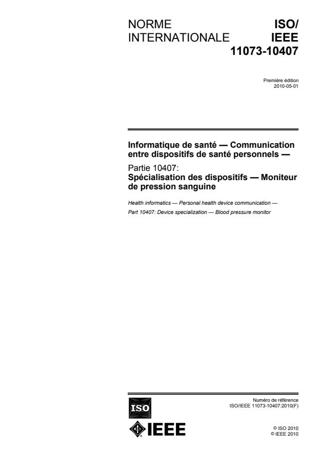 ISO/IEEE 11073-10407:2010 - Informatique de santé -- Communication entre dispositifs de santé personnels