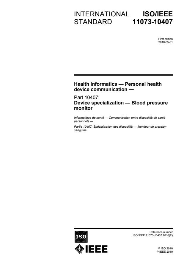 ISO/IEEE 11073-10407:2010 - Health informatics -- Personal health device communication