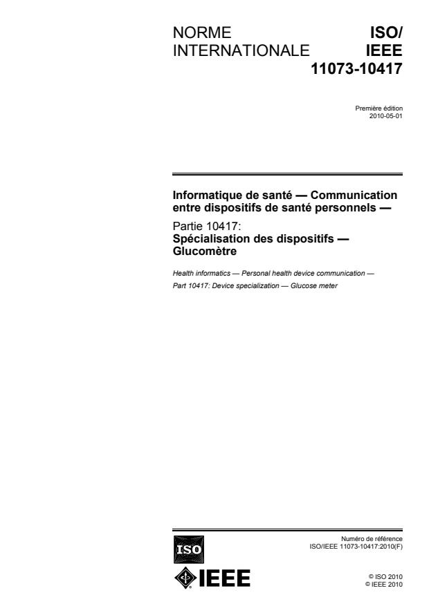 ISO/IEEE 11073-10417:2010 - Informatique de santé -- Communication entre dispositifs de santé personnels