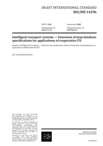 ISO 14296:2016 - Intelligent transport systems -- Extension of map database specifications for applications of cooperative ITS