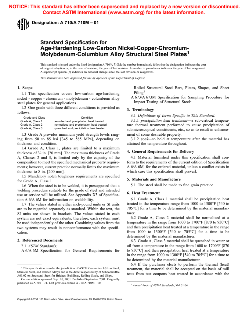 ASTM A710/A710M-01 - Standard Specification for Age-Hardening Low-Carbon Nickel-Copper-Chromium-Molybdenum-Columbium Alloy Structural Steel Plates