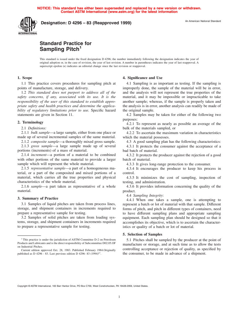 ASTM D4296-83(1999) - Standard Practice for Sampling Pitch