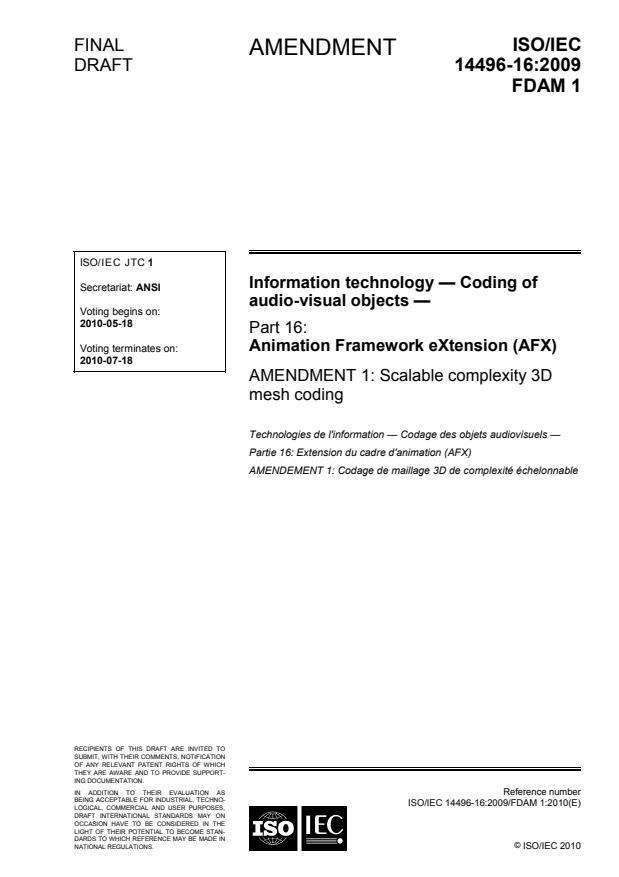 ISO/IEC 14496-16:2009/FDIS Amd 1 - Scalable complexity 3D mesh coding