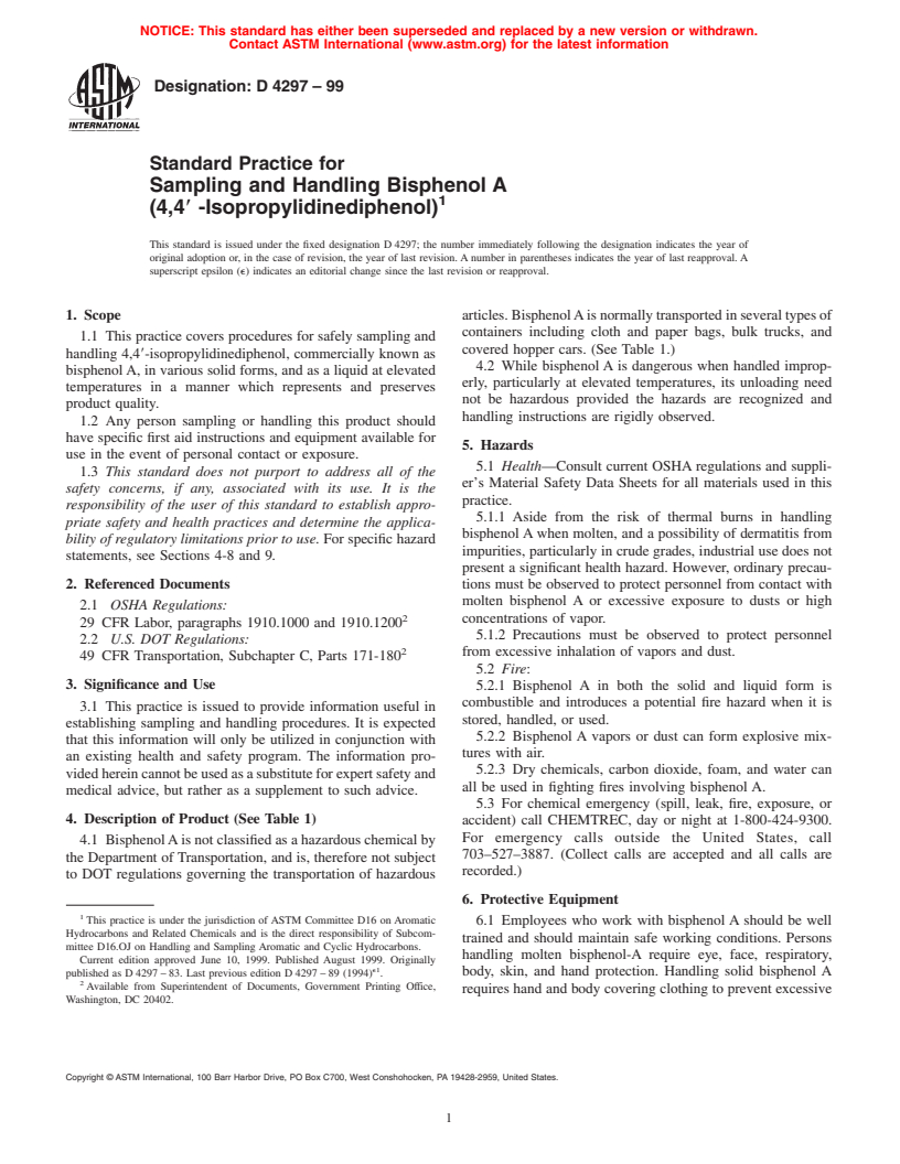 ASTM D4297-99 - Standard Practice for Sampling and Handling Bisphenol A (4,4&#33;-Isopropylidinediphenol)