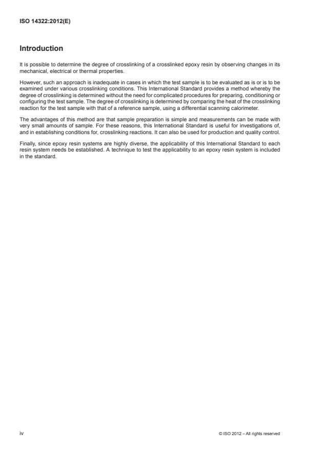 ISO 14322:2012 ISO 14322:2012 - Plastics -- Epoxy resins -- Determination of degree of crosslinking of crosslinked epoxy resins by differential scanning calorimetry - Page 4 preview