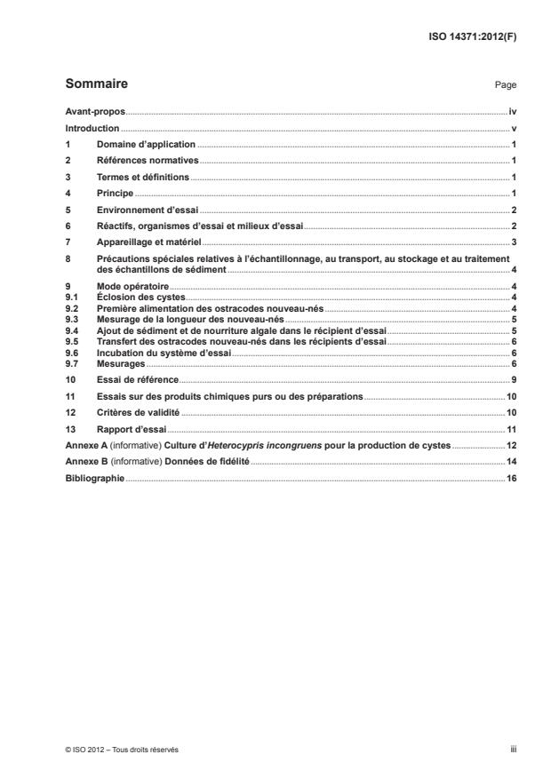 ISO 14371:2012 - Qualité de l'eau -- Détermination de la toxicité des sédiments d'eau douce envers Heterocypris incongruens (Crustacea, Ostracoda)