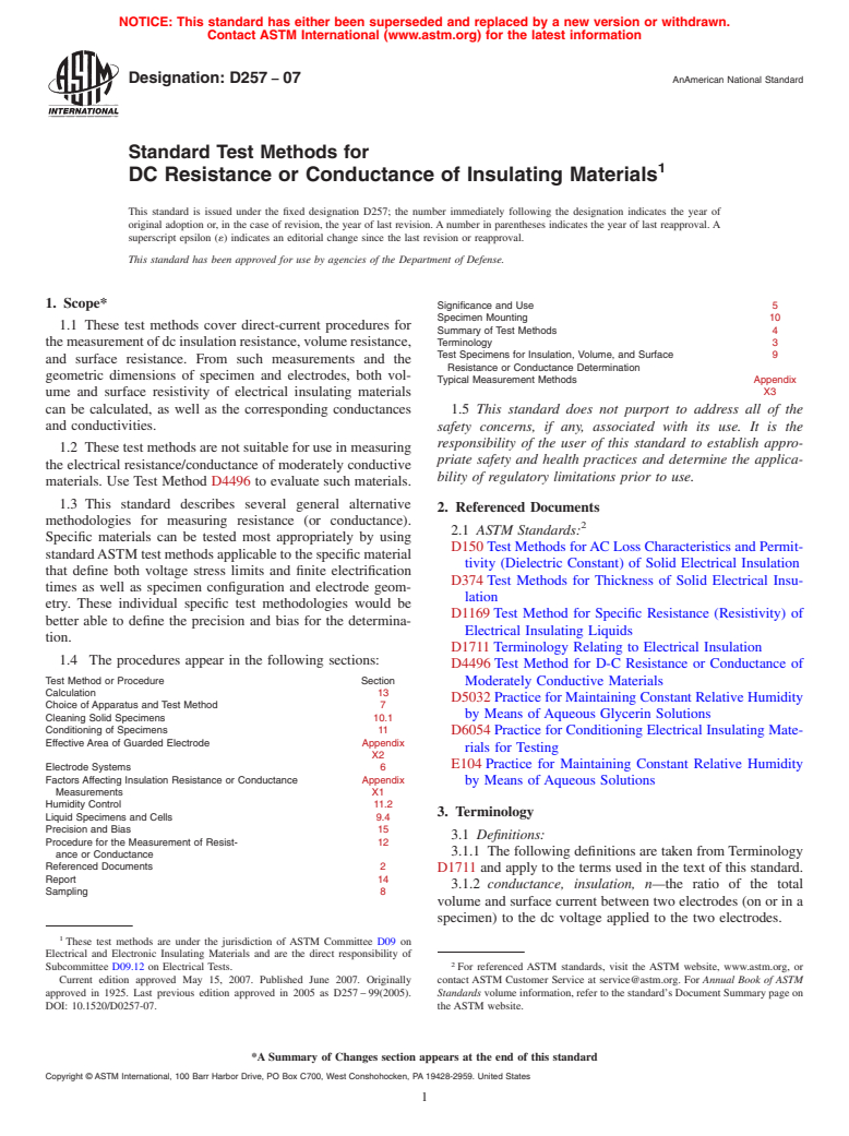 ASTM D257-07 - Standard Test Methods for DC Resistance or Conductance of Insulating Materials