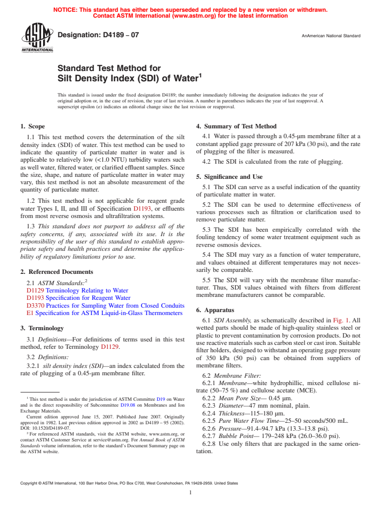 ASTM D4189-07 - Standard Test Method for Silt Density Index (SDI) of Water
