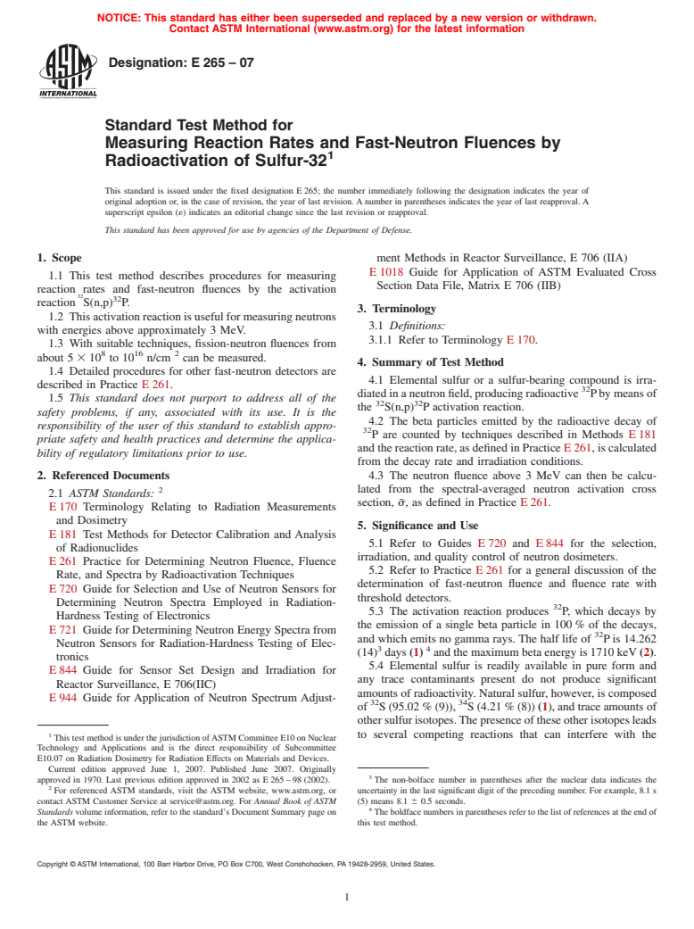 ASTM E265-07 - Standard Test Method for Measuring Reaction Rates and Fast-Neutron Fluences by Radioactivation of Sulfur-32