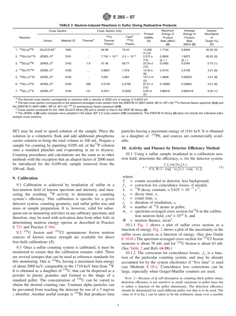 ASTM E265-07 - Standard Test Method for Measuring Reaction Rates and Fast-Neutron Fluences by Radioactivation of Sulfur-32