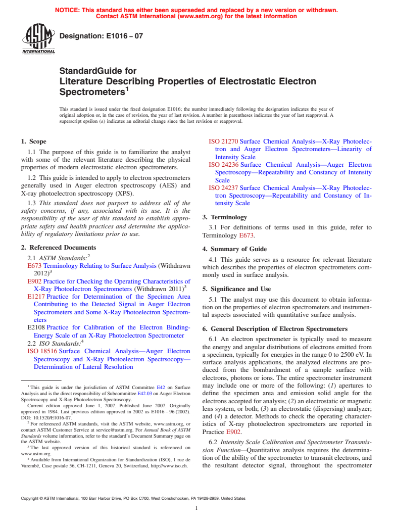 ASTM E1016-07 - Standard Guide for Literature Describing Properties of Electrostatic Electron Spectrometers