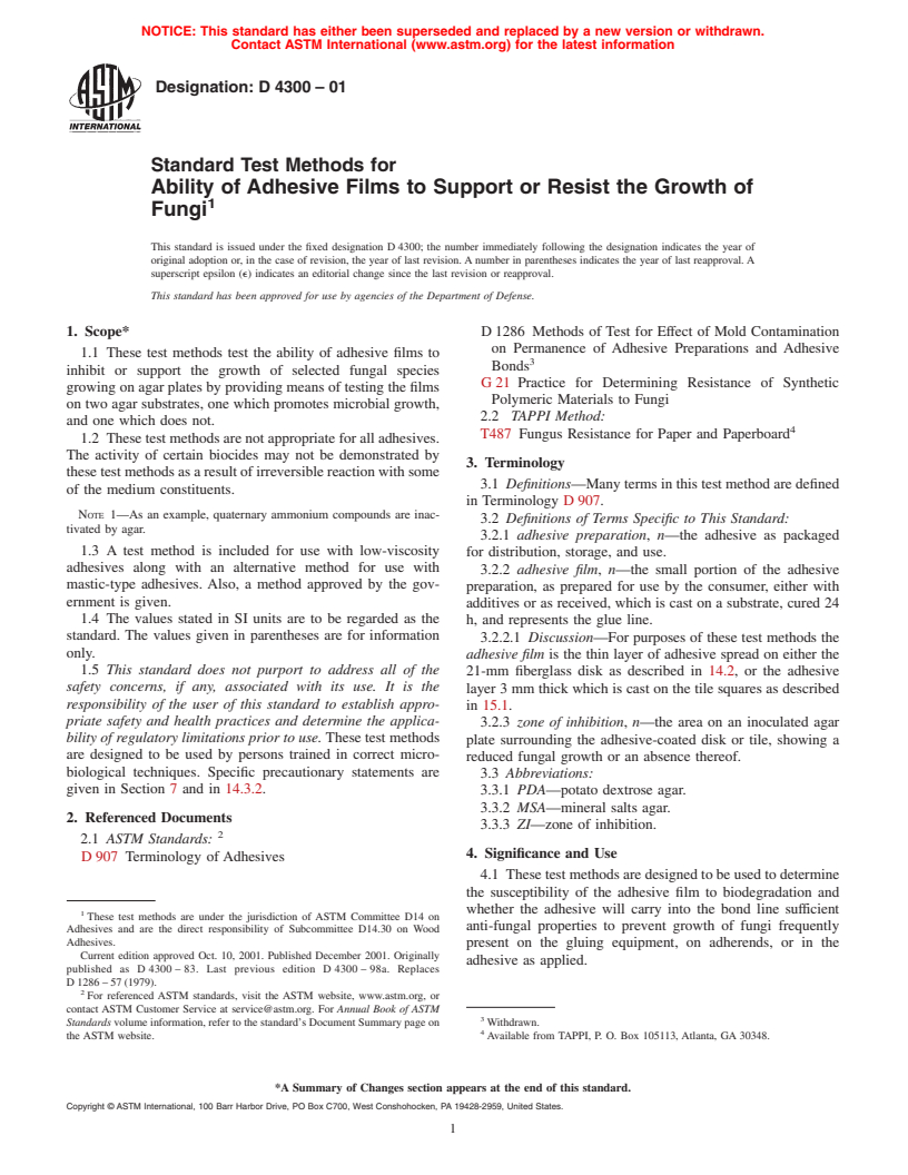 ASTM D4300-01 - Standard Test Methods for Ability of Adhesive Films to Support or Resist the Growth of Fungi