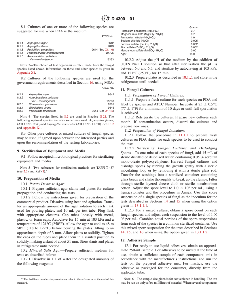 ASTM D4300-01 - Standard Test Methods for Ability of Adhesive Films to Support or Resist the Growth of Fungi