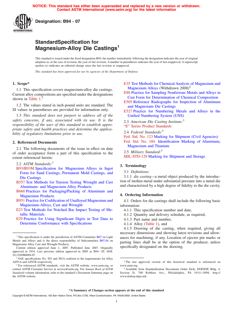 ASTM B94-07 - Standard Specification for Magnesium-Alloy Die Castings