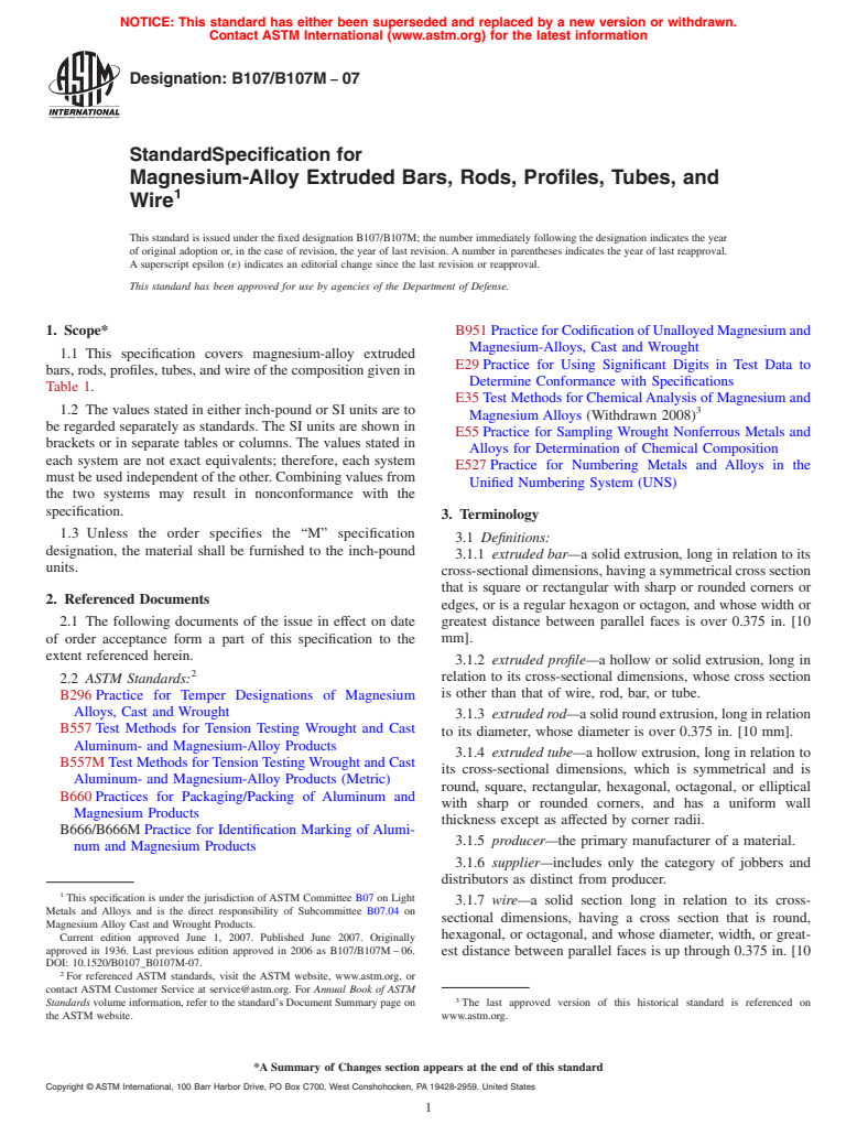 ASTM B107/B107M-07 - Standard Specification for Magnesium-Alloy Extruded Bars, Rods, Profiles, Tubes, and Wire