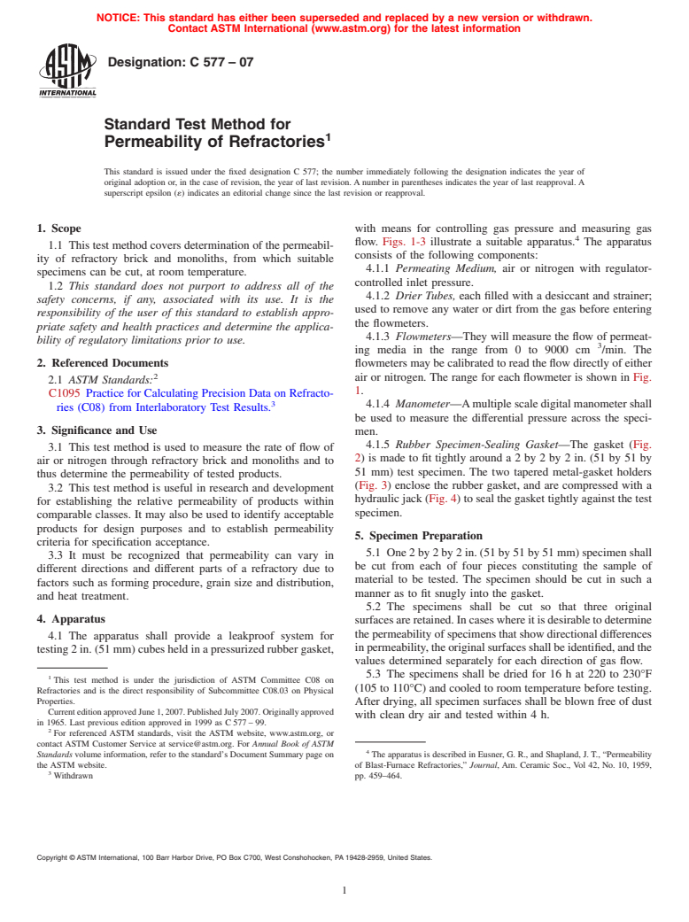 ASTM C577-07 - Standard Test Method for Permeability of Refractories