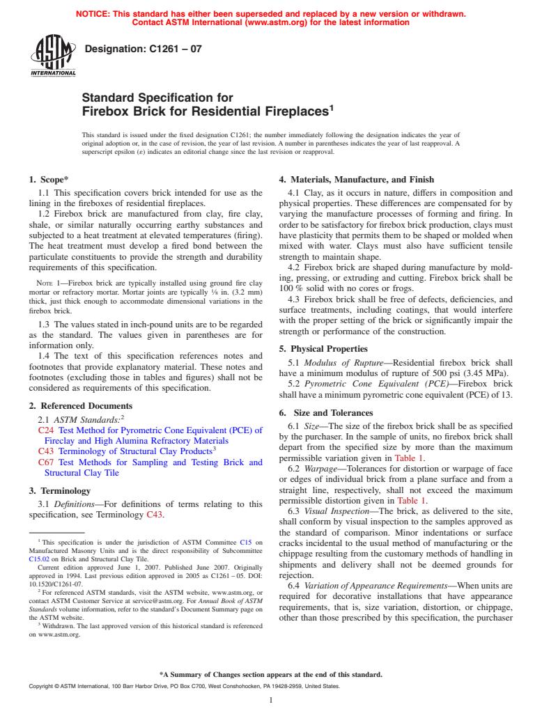 ASTM C1261-07 - Standard Specification for Firebox Brick for Residential Fireplaces