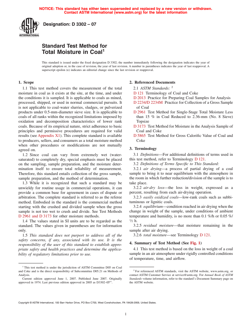 ASTM D3302-07 - Standard Test Method for Total Moisture in Coal